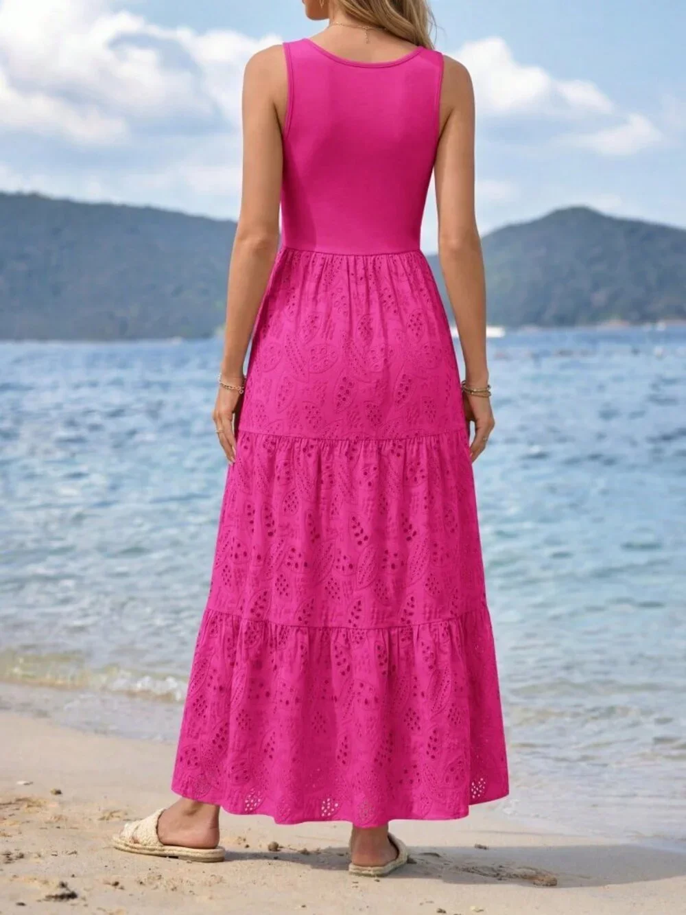 Hot Pink Casual Women's Sleeveless A-Line Tiered Maxi Dress Beach